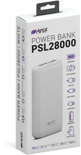 Мобильный аккумулятор Hiper PSL28000 Li-Pol 28000mAh 2.4A+2.4A белый 2xUSB материал пластик фото 4