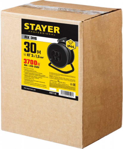 Удлинитель силовой Stayer 55077-30 3x1.5кв.мм 4розет. 30м КГ катушка черный фото 6