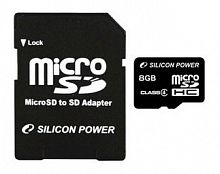 Флеш карта microSDHC 8Gb Class4 Silicon Power SP008GBSTH004V10SP + adapter