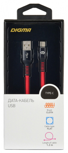 Кабель Digma USB A(m) USB Type-C (m) 1.2м красный плоский фото 4