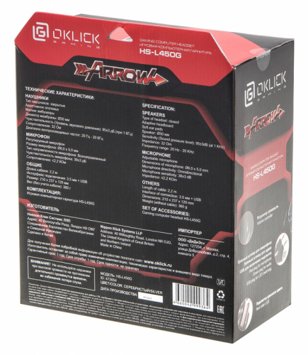 Наушники с микрофоном Оклик HS-L450G ARROW черный/красный 2.2м мониторные оголовье (472654) фото 6