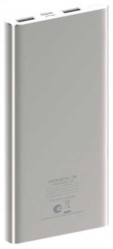 Мобильный аккумулятор Hiper Metal 10K 10000mAh 2.4A серебристый (METAL 10K SILVER) фото 5
