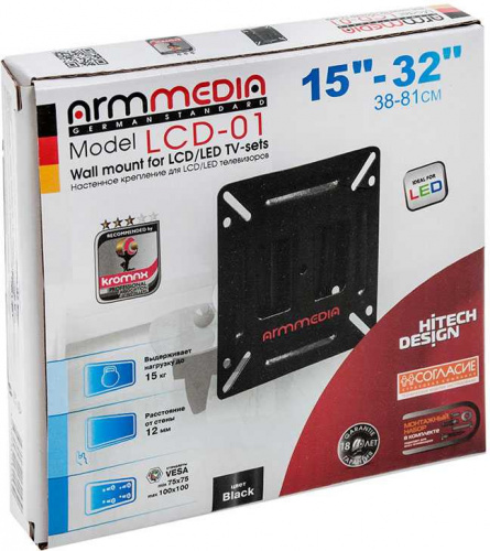 Кронштейн для телевизора Arm Media LCD-01 черный 15"-32" макс.15кг настенный фиксированный фото 6