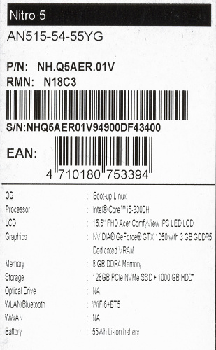 Ноутбук Acer Nitro 5 AN515-54-55YG Core i5 8300H/8Gb/1Tb/SSD128Gb/nVidia GeForce GTX 1050 3Gb/15.6"/IPS/FHD (1920x1080)/Linux/black/WiFi/BT/Cam фото 2
