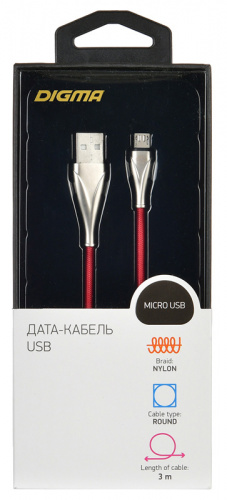Кабель Digma USB A(m) micro USB B (m) 3м красный фото 4