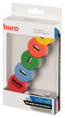 Разветвитель USB 2.0 Buro BU-HUB4-0.5-U2.0-Snake 4порт. разноцветный фото 3