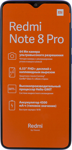 Смартфон Xiaomi Redmi Note 8 Pro 128Gb 6Gb синий моноблок 3G 4G 2Sim 6.53" 1080x2340 Android 9.0 64Mpix 802.11 a/b/g/n/ac NFC GPS GSM900/1800 GSM1900 MP3 FM A-GPS microSD max256Gb