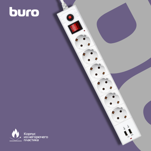 Сетевой фильтр Buro BU-SP1.8_USB_2A-B 1.8м (6 розеток) черный (коробка) фото 7
