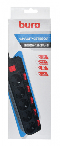 Сетевой фильтр Buro 500SH-1.8-SW-B 1.8м (5 розеток) черный (коробка) фото 4