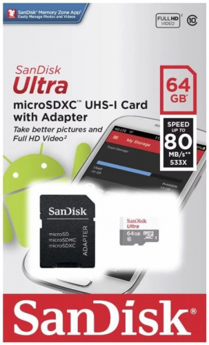 Флеш карта microSDXC 64Gb Class10 Sandisk SDSQUNS-064G-GN3MA Ultra 80 + adapter фото 3