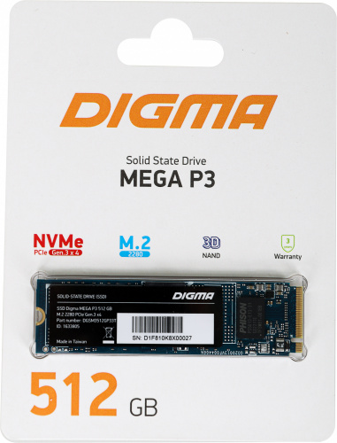 Накопитель SSD Digma PCI-E 3.0 x4 512Gb DGSM3512GP33T Mega P3 M.2 2280