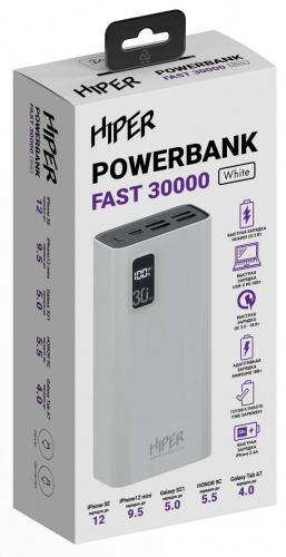 Мобильный аккумулятор Hiper Fast 30000 30000mAh 5A QC PD 4xUSB белый (FAST 30000 WHITE) фото 3
