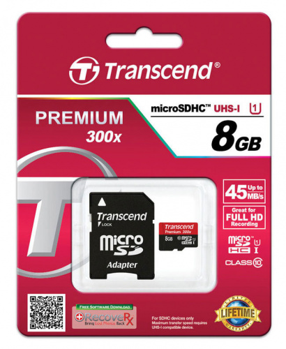 Флеш карта microSDHC 8Gb Class10 Transcend TS8GUSDU1 Premium + adapter фото 2