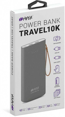 Мобильный аккумулятор Hiper Travel10K Li-Pol 10000mAh 2.4A+2.4A серый 2xUSB фото 3