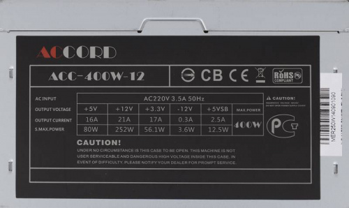 Блок питания Accord ATX 400W ACC-400W-12 (20+4pin) 120mm fan 4xSATA фото 7