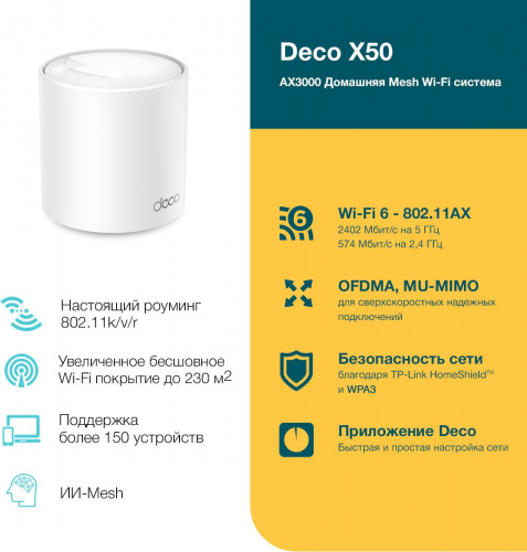 Бесшовный Mesh роутер TP-Link Deco X50(1-Pack) AX3000 10/100/1000BASE-TX белый (упак.:1шт) фото 4