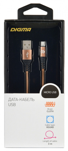 Кабель Digma USB A(m) micro USB B (m) 3м коричневый фото 4
