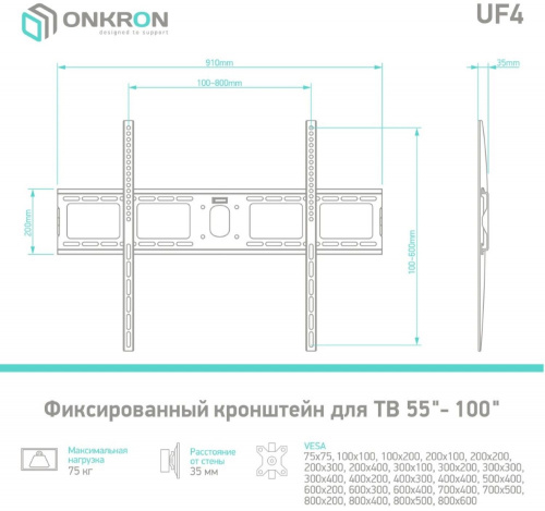 Кронштейн для телевизора Onkron UF4 черный 55"-100" макс.75кг настенный фиксированный фото 6