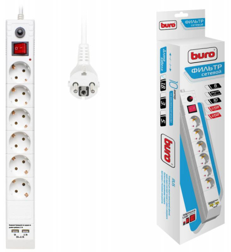 Сетевой фильтр Buro BU-SP1.8_USB_2A-W 1.8м (6 розеток) белый (коробка) фото 3