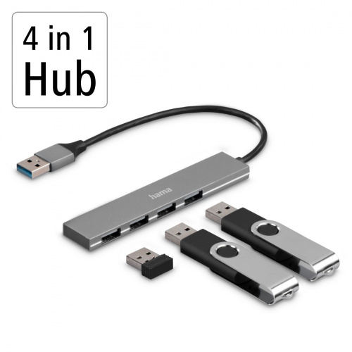 Разветвитель USB 3.0 Hama H-200114 4порт. серый (00200114) фото 3