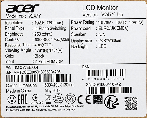 Монитор Acer 23.8" V247Ybip черный IPS LED 16:9 HDMI матовая 250cd 178гр/178гр 1920x1080 D-Sub DisplayPort FHD 4.4кг фото 3