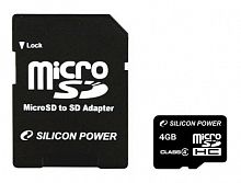Флеш карта microSDHC 4Gb Class4 Silicon Power SP004GBSTH004V10-SP + adapter