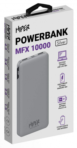 Мобильный аккумулятор Hiper MFX 10000 10000mAh 3A QC PD 2xUSB серебристый (MFX 10000 SILVER) фото 3