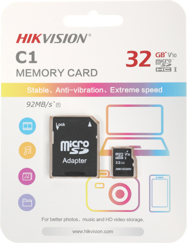 Флеш карта microSDHC 32GB Hikvision HS-TF-C1(STD)/32G/Adapter + adapter фото 2