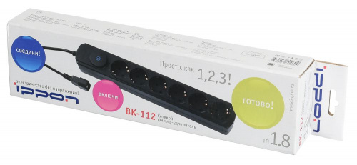 Сетевой фильтр Ippon BK112 1.8м (6 розеток) черный (коробка) фото 4