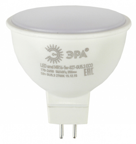 Лампа светодиодная Эра MR16-5W-827-GU5.3 5Вт цоколь:GU5.3 2700K 220В колба:MR16 (упак.:3шт)