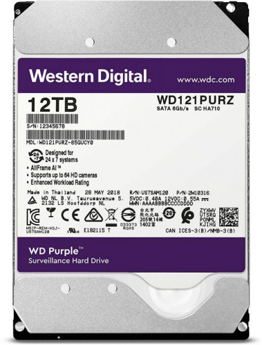 Жесткий диск WD Original SATA-III 12Tb WD121PURZ Purple (7200rpm) 256Mb 3.5"