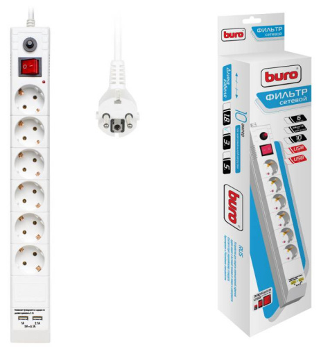 Сетевой фильтр Buro BU-SP3_USB_2A-W 3м (6 розеток) белый (коробка) фото 3