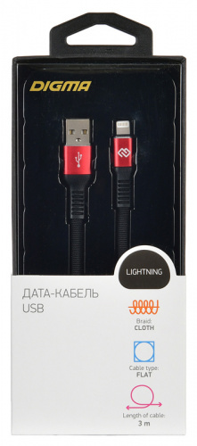 Кабель Digma USB A(m) Lightning (m) 3м черный/красный плоский фото 4