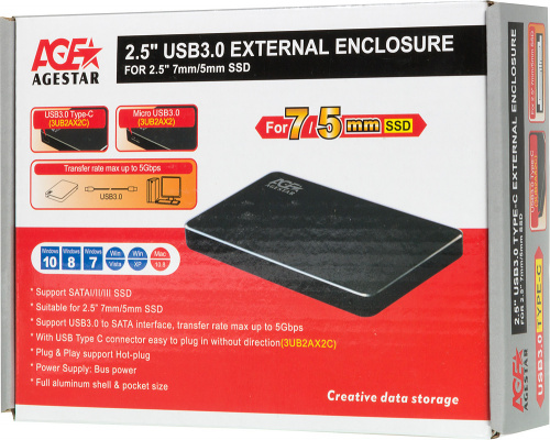 Внешний корпус для HDD/SSD AgeStar 3UB2AX2C SATA I/II/III USB3.0 алюминий черный 2.5" фото 5