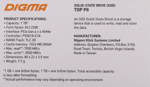 Накопитель SSD Digma PCIe 4.0 x4 1TB DGST4001TP83T Top P8 M.2 2280 фото 3
