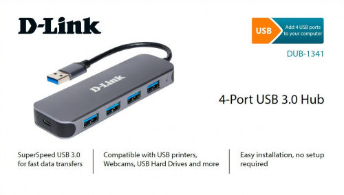 Разветвитель USB 3.0 D-Link DUB-1341 4порт. черный (DUB-1341/C2A) фото 3