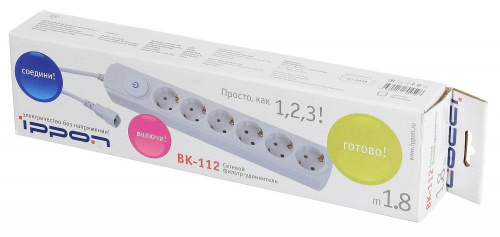 Сетевой фильтр Ippon BK112 1.8м (6 розеток) белый (коробка) фото 4