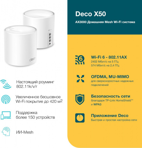 Бесшовный Mesh роутер TP-Link DECO X50(2-PACK) AX3000 10/100/1000BASE-TX белый (упак.:2шт) фото 6