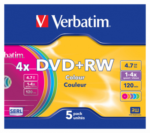 Диск DVD+RW Verbatim 4.7Gb 4x Slim case (5шт) Color (43297) фото 3