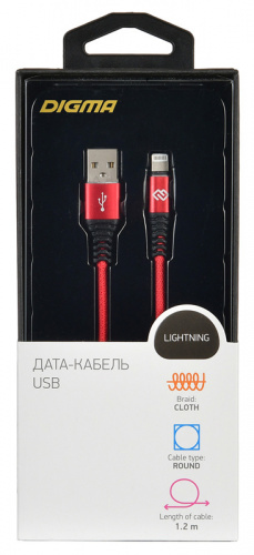 Кабель Digma USB A(m) Lightning (m) 1.2м красный фото 3