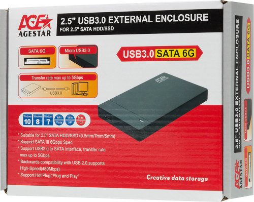 Внешний корпус для HDD/SSD AgeStar 3UB2P3 SATA III USB3.0 пластик черный 2.5" фото 6