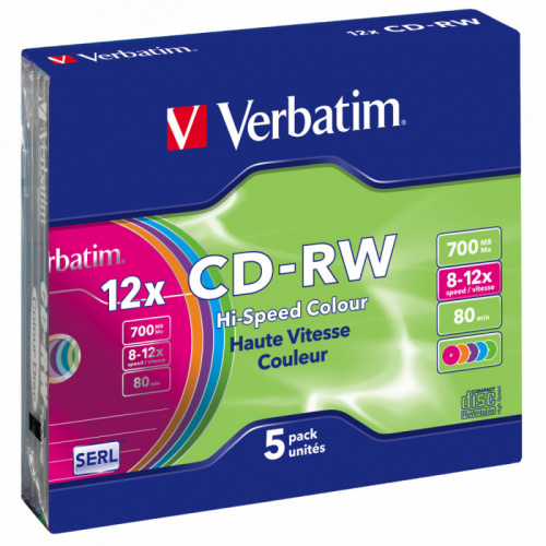 Диск CD-RW Verbatim 700Mb 12x Slim case (5шт) Color (43167) фото 2