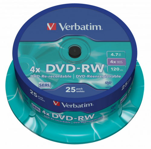 Диск DVD-RW Verbatim 4.7Gb 4x Cake Box (25шт) (43639) фото 3