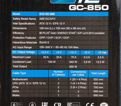 Блок питания Seasonic ATX 850W G12 GC-850 80+ gold (24+8+4+4pin) 120mm fan 6xSATA RTL фото 9