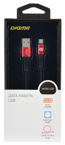 Кабель Digma USB A (m) micro USB B (m) 3м черный/красный плоский фото 3