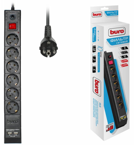 Сетевой фильтр Buro BU-SP3_USB_2A-B 3м (6 розеток) черный (коробка) фото 3