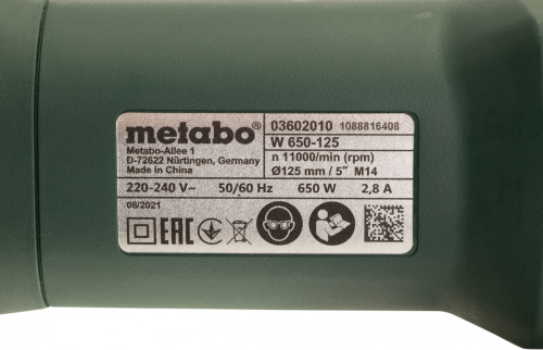 Углошлифовальная машина Metabo W 650-125 650Вт 11000об/мин рез.шпин.:M14 d=125мм (603602010) фото 5