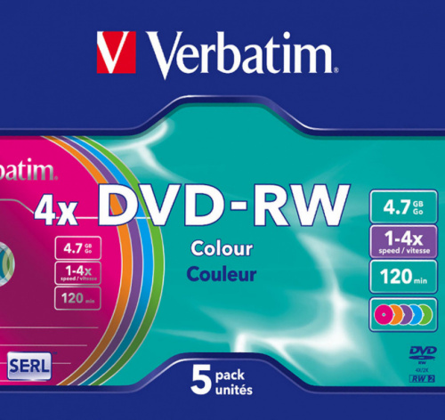 Диск DVD-RW Verbatim 4.7Gb 4x Slim case (5шт) Color (43563) фото 3