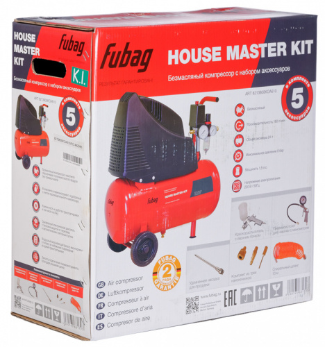 Компрессор поршневой Fubag Basic House Master kit безмасляный 180л/мин 24л 1100Вт красный/черный фото 5