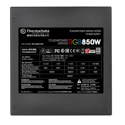 Блок питания Thermaltake ATX 850W Toughpower RGB 80+ platinum 24+2x(4+4) pin APFC 140mm fan color LED 12xSATA Cab Manag RTL фото 7
